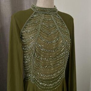 Prom Evening Gown Olive Green Pearlescent Beading Mock Neck Long Sleeve